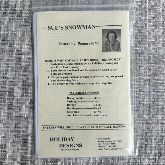 Snowman Quilt Pattern Holiday Designs Sue's Snowman P75 by Donna Poster UC - Picture 2 of 2